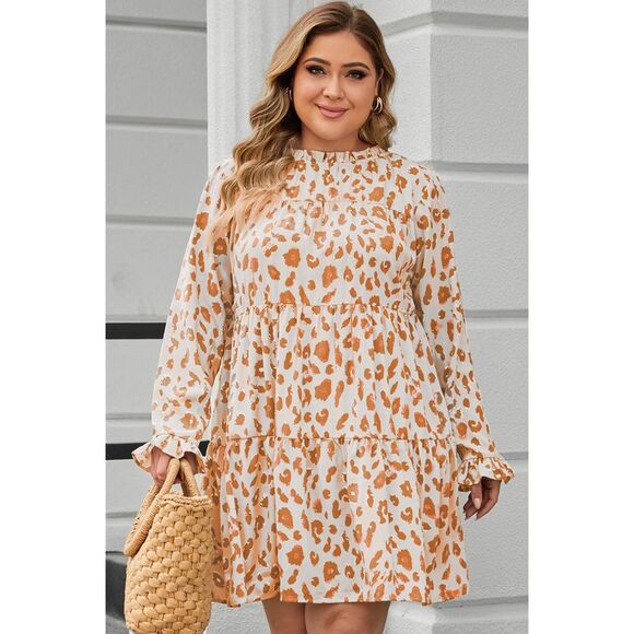 Azura Exchange  Oatmeal Leopard Print Ruffle Long Sleeve Plus Size Mini Dress - Picture 5 of 5